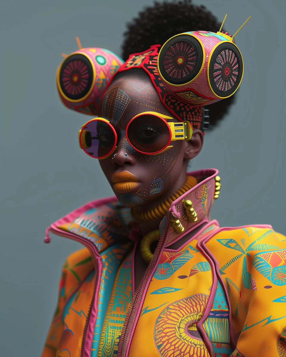 A model wearing Afro-Futurist Expression fashion, drawing on the Afro-futurism movement.